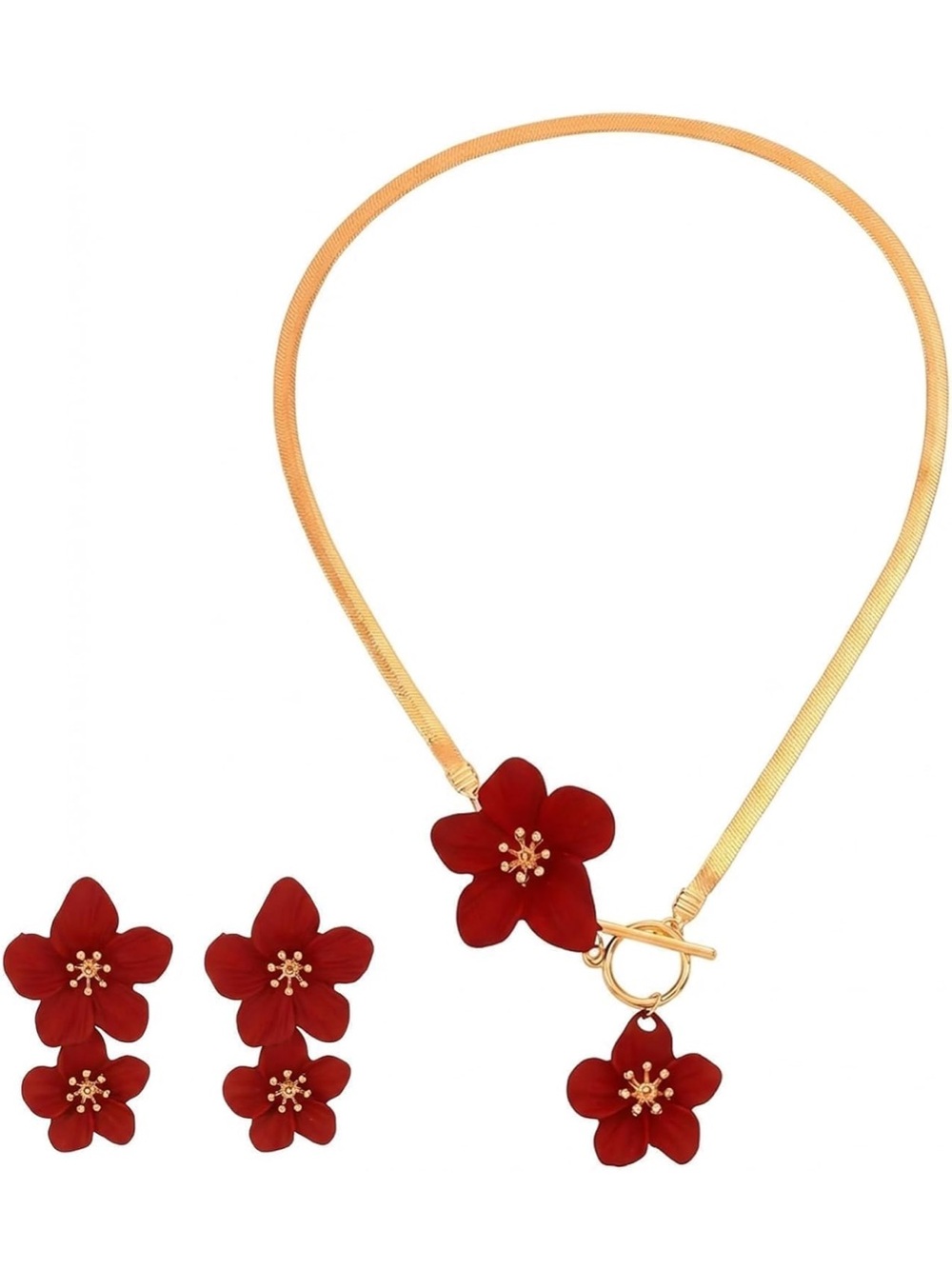 Anthropologie Gold-Tone Necklace and Red Floral Earrings Set
